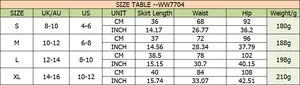 Detailed size chart for high-waisted skort with waist and hip measurements from S to XL