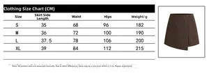 Detailed size chart for high-waisted skort with side zipper and button in brown color