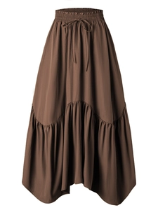 Women's dark brown tiered maxi skirt with high elastic waist and adjustable drawstring