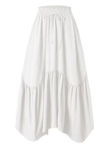 Detailed view of elastic high waist with adjustable drawstring on white tiered maxi skirt