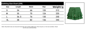 Detailed size chart for high waisted drawstring skort with S to XL measurements