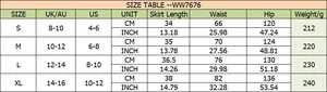 Detailed size chart for high waist skort with measurements in cm and inches