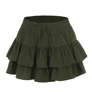 Detailed view of dark green tiered ruffle skirt with polka dot jacquard texture and drawstring