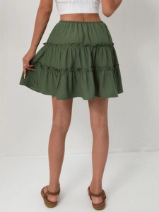 Rear view of dark green tiered ruffle skirt with high waist and layered hem design