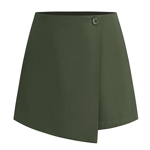 Detail of dark green A-line skort showing asymmetric wrap design and matching button closure