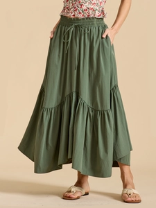 Women High Waist Elastic Tiered Maxi Skirt Vintage Bohemian A-Line Flowy Long Skirt with Pockets Drawstring Vacation Skirts