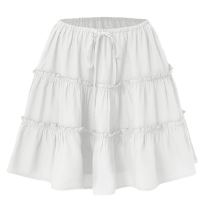 Detailed view of layered white tiered ruffles and adjustable drawstring waistband