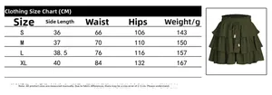 Size chart for tiered mini skirt shorts with elastic drawstring waist measurements