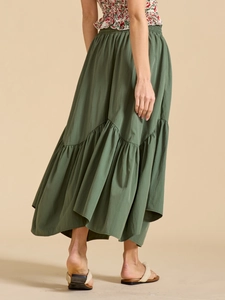 Olive green high waist maxi skirt with layered tiered hem and adjustable elastic waistband