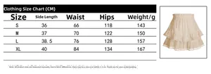 Detailed size chart for layered ruffled mini skirt showing measurements in centimeters