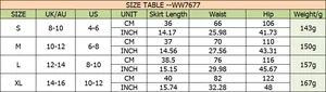 Detailed size guide table for tiered skort showing UK, AU, and US measurements