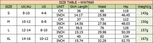 Detailed size chart for layered ruffle mini skirt showing measurements in inches and cm