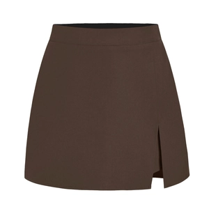 Detail of high waist dark brown mini skirt with elegant side slit and smooth texture