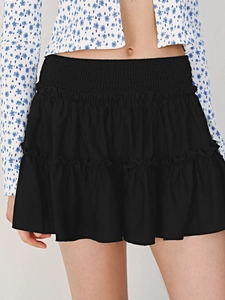 Detail eines schwarzen Minirocks mit hoher Taille, gerafftem Bund und Stufenvolants
