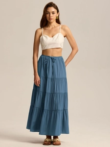 Détails de la jupe longue bohème bleu marine à volants avec taille élastique et coton doux