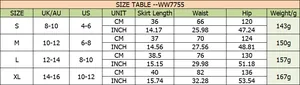 Detailed size chart for floral skort including length, waist, and hip measurements in cm and inches