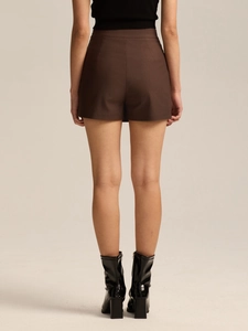 Rear view of brown high waisted skort with premium stretch fabric and smooth finish