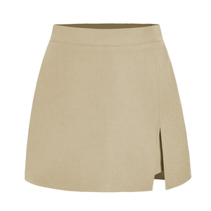 Detail of khaki high waist skort with side slit design and smooth seamless waistband