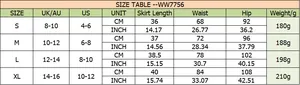Size chart for double slit high waist skort showing length, waist, and hip measurements