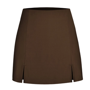 Detail view of high waisted dark brown mini skirt with double front slits and smooth fabric