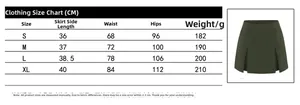 Size chart for high waist dark green pleated skort with detailed cm measurements