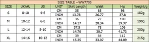 Size chart for high waist split A-line skort with measurements in CM and INCH