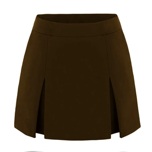 Detail of high waist chocolate brown A-line skirt with vertical pleats and stretch fabric