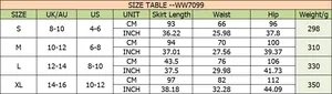 Size chart for ruffle wrap midi skirt with waist and length details in cm and inches