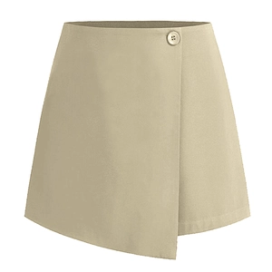 Detail of beige irregular wrap skort featuring fine twill texture and waist button