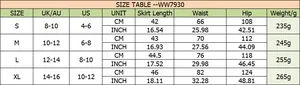 Detailed size chart for women's high waist plaid skirt including UK, AU, and US sizes