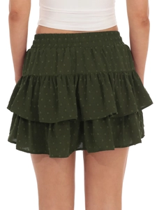 Deep green Swiss dot high waist tiered mini skirt with layered ruffles for women