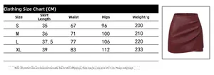 Size chart for women's high-waisted PU leather skort with irregular pleats and zipper