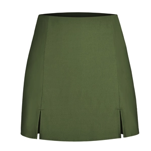 Detail view of military green high waist skort with double side slits and A-line cut