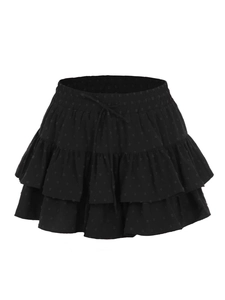 Women black tiered swiss dot mini skirt with elastic drawstring waist and ruffled layers