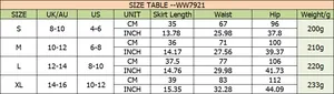 Size chart for women's high-waisted PU leather skort including measurements in cm and inches