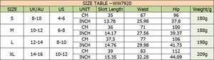 Detailed size chart for women high waist PU leather skort showing S to XL measurements
