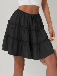 High waist black tiered ruffle mini skirt with adjustable drawstring and inner shorts