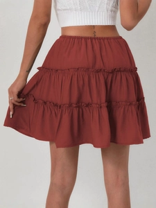 High-waist ruffled tiered mini skirt in reddish brown with layered A-line silhouette