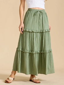 Jupe Maxi à Étages Taille Haute pour Femmes Cordon de Serrage Élastique Plissé Jupe Longue Trapèze Avec Volants Jupe Élégante