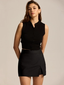 Close-up of high-waist skort featuring stylish front slit and premium ribbed texture
