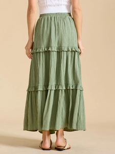 Jupe longue étagée vert olive avec taille à cordon et détails de volants texturés
