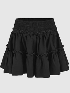 Schwarzer Stufenrock für Damen mit hoher Taille und gesmoktem elastischem Bund