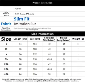 Size chart detail for faux fur coat F0861 showing measurements from S to 4XL in centimeters