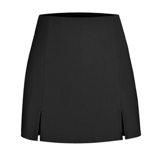 Detailed close-up showing the double side slits on high-waisted black A-line mini skirt pants