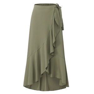Detail view of olive green high waist wrap skirt with ruffles and side tie closure