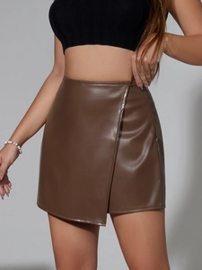 Chic high-waisted brown PU leather wrap skort with asymmetric hem and smooth finish
