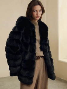 Luxurious black faux fox fur coat with horizontal quilted panels for women winter fashion