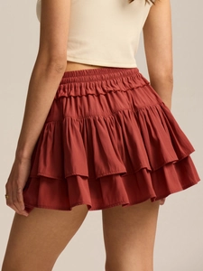 Women's terracotta tiered ruffle skort with high elastic waist and layered design