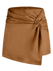 Women's caramel suede mini skort with asymmetric wrap knot and stylish pleated detail
