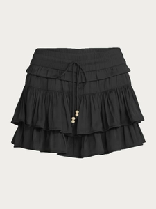 Women's high waist black tiered ruffle skort with adjustable drawstring and wooden beads